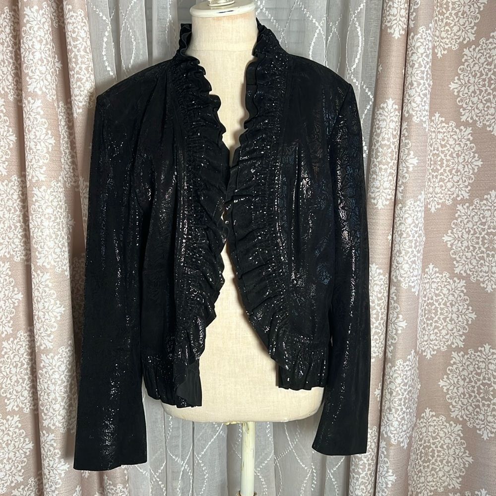Lafayette 148 New York Black Metallic Ruffle Leather Jacket | Size 14